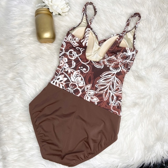 VTG Maxine Brown Beige Floral One Piece Swimsuit Sz 10 - Picture 2 of 9